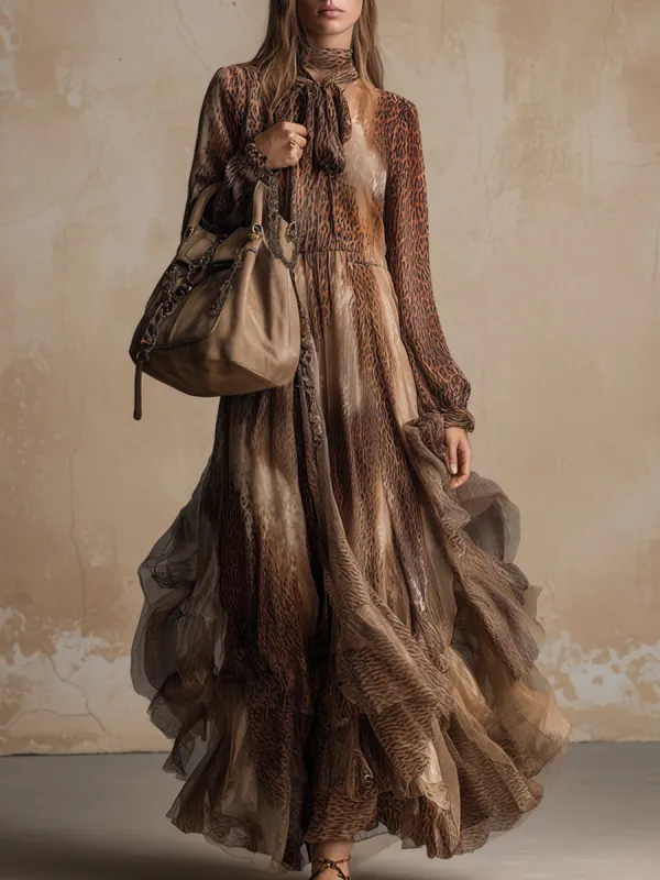 Retro Elegant Brown Animal Print Chiffon Neckline With Ribbon Maxi Dress made by Oyrosy
