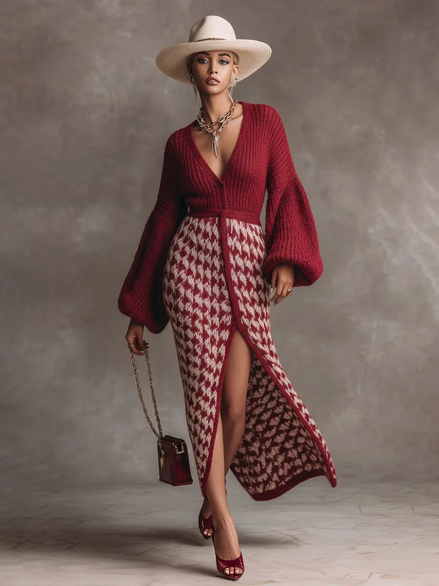 Elegant Retro Dark Red Patchwork Houndstooth V-neck Knit Maxi Dress sold by Oyrosy product image thumbnail 2