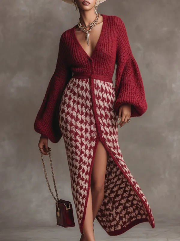 Elegant Retro Dark Red Patchwork Houndstooth V-neck Knit Maxi Dress sold by Oyrosy