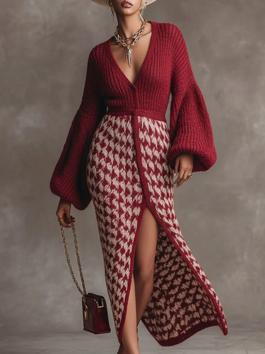 Elegant Retro Dark Red Patchwork Houndstooth V-neck Knit Maxi Dress sold by Oyrosy