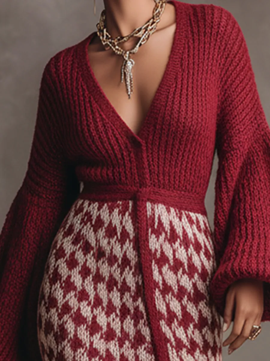 Elegant Retro Dark Red Patchwork Houndstooth V-neck Knit Maxi Dress sold by Oyrosy product image thumbnail 3