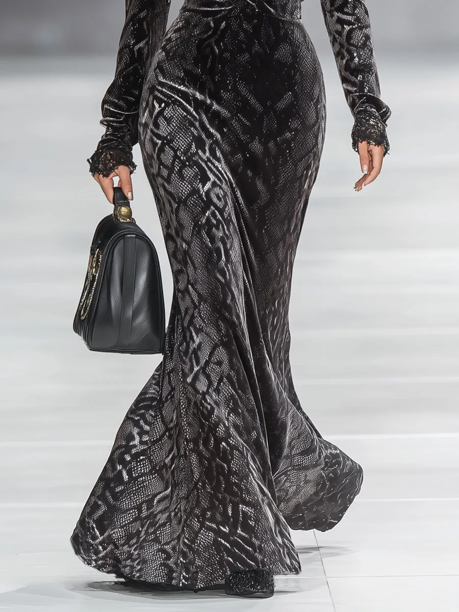 Chic Western-style V-neck Lace Snakeskin Print Velvet Maxi Dress sold by Oyrosy product image thumbnail 4