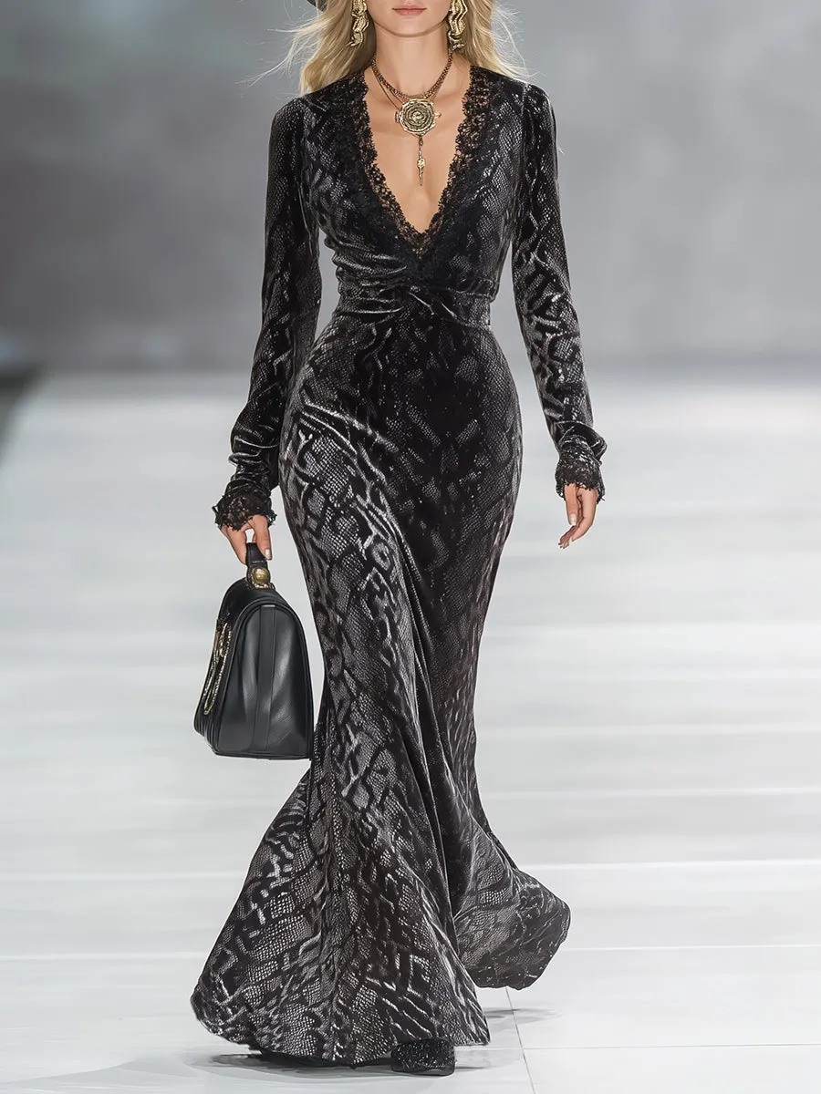 Chic Western-style V-neck Lace Snakeskin Print Velvet Maxi Dress sold by Oyrosy