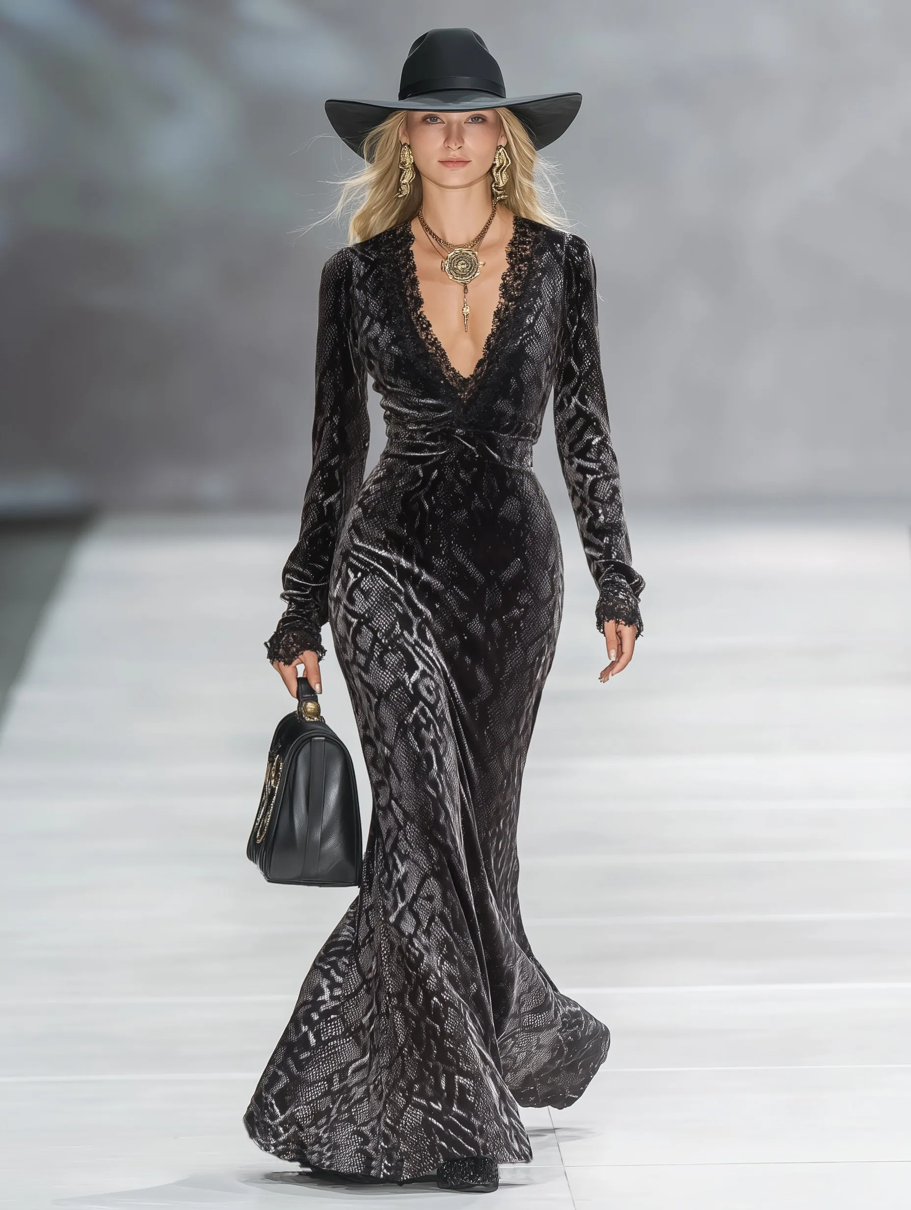 Chic Western-style V-neck Lace Snakeskin Print Velvet Maxi Dress sold by Oyrosy product image thumbnail 2