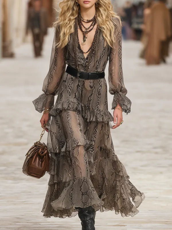 Chic Western-inspired Snakeskin Print Ruffled Chiffon Maxi Dress sold by Oyrosy