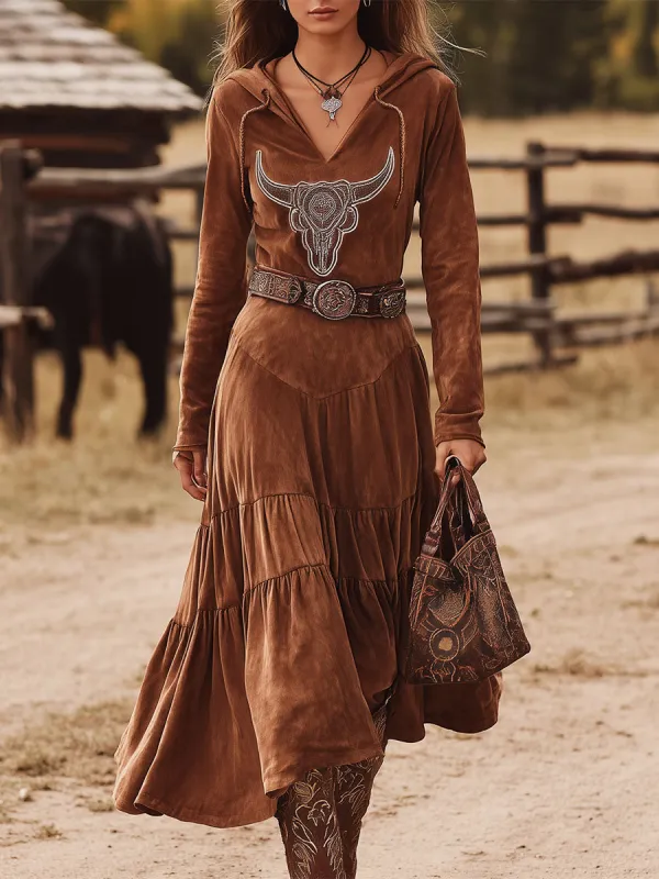 Western-style Brown Faux Suede Hooded With Bull's Head Embroidery Midi Dress sold by Oyrosy