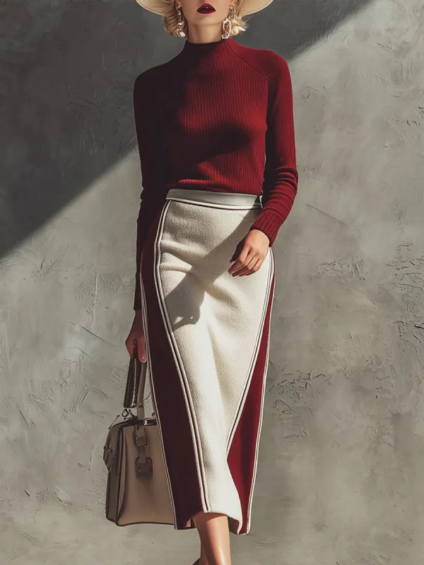 Elegant And Stylish Red Knit Top And Red And White Color-blocked Skirt Set sold by Oyrosy