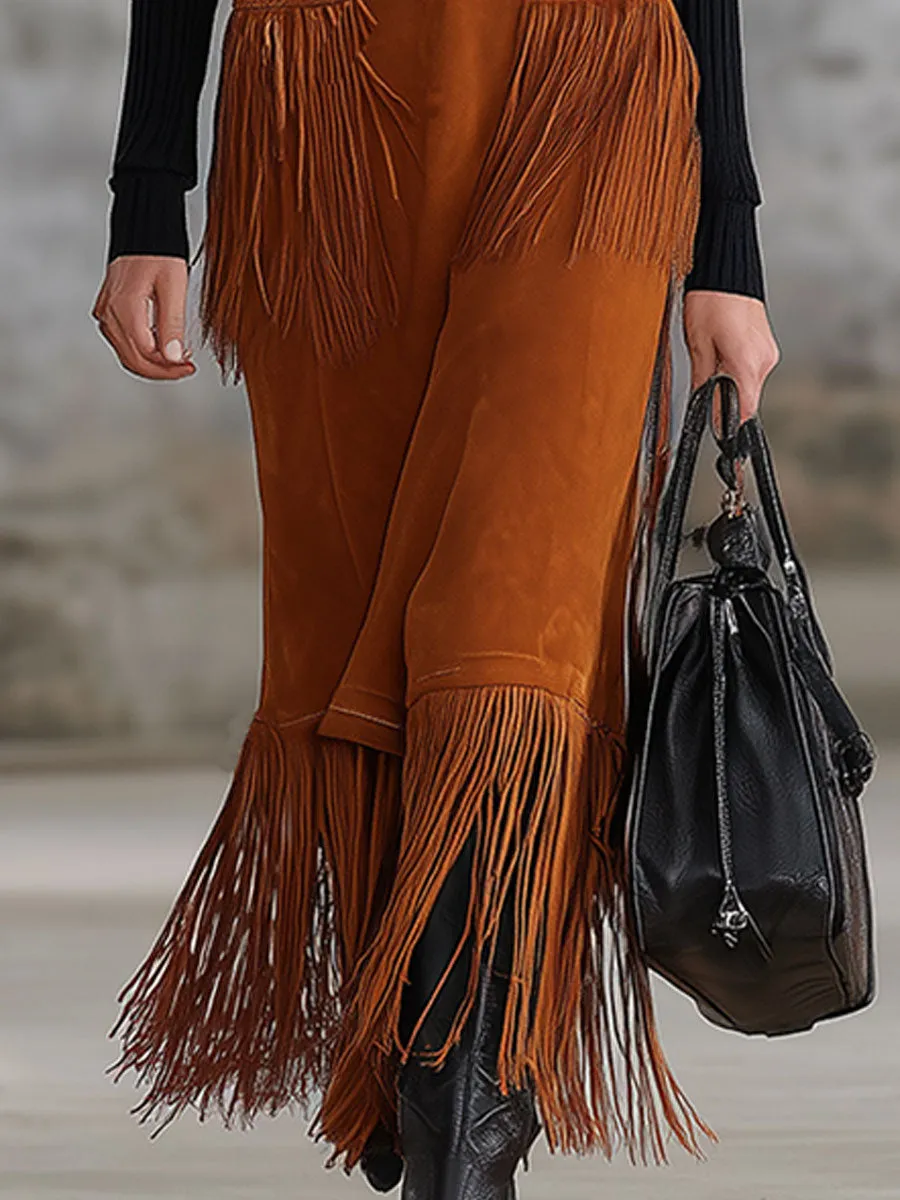 Western Retro Caramel Brown Faux Suede Sleeveless Vest Maxi Dress sold by Oyrosy product image thumbnail 4