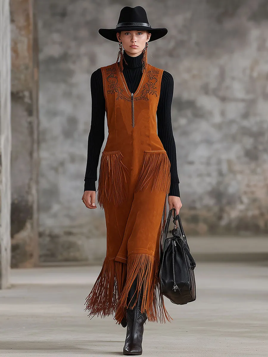 Western Retro Caramel Brown Faux Suede Sleeveless Vest Maxi Dress sold by Oyrosy product image thumbnail 2