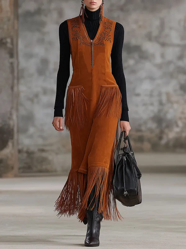 Western Retro Caramel Brown Faux Suede Sleeveless Vest Maxi Dress sold by Oyrosy