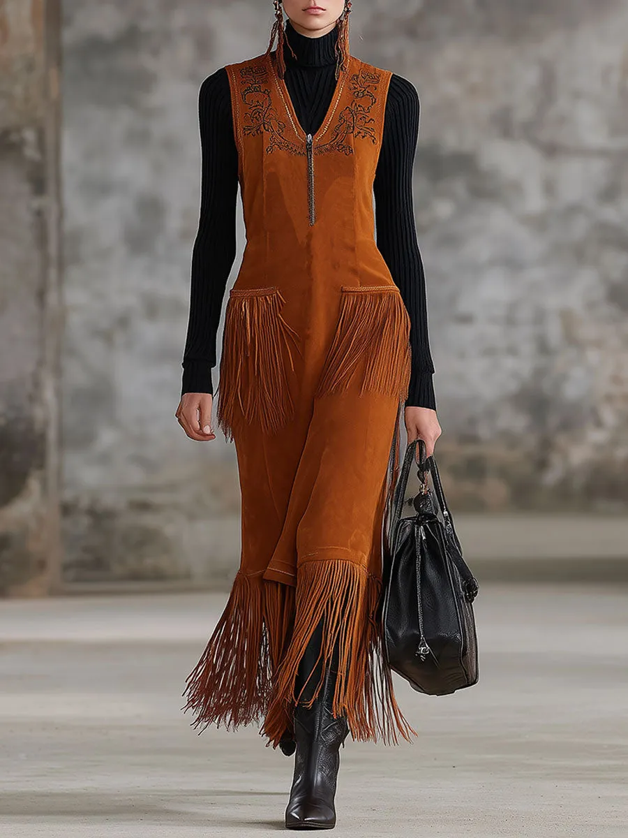 Western Retro Caramel Brown Faux Suede Sleeveless Vest Maxi Dress sold by Oyrosy