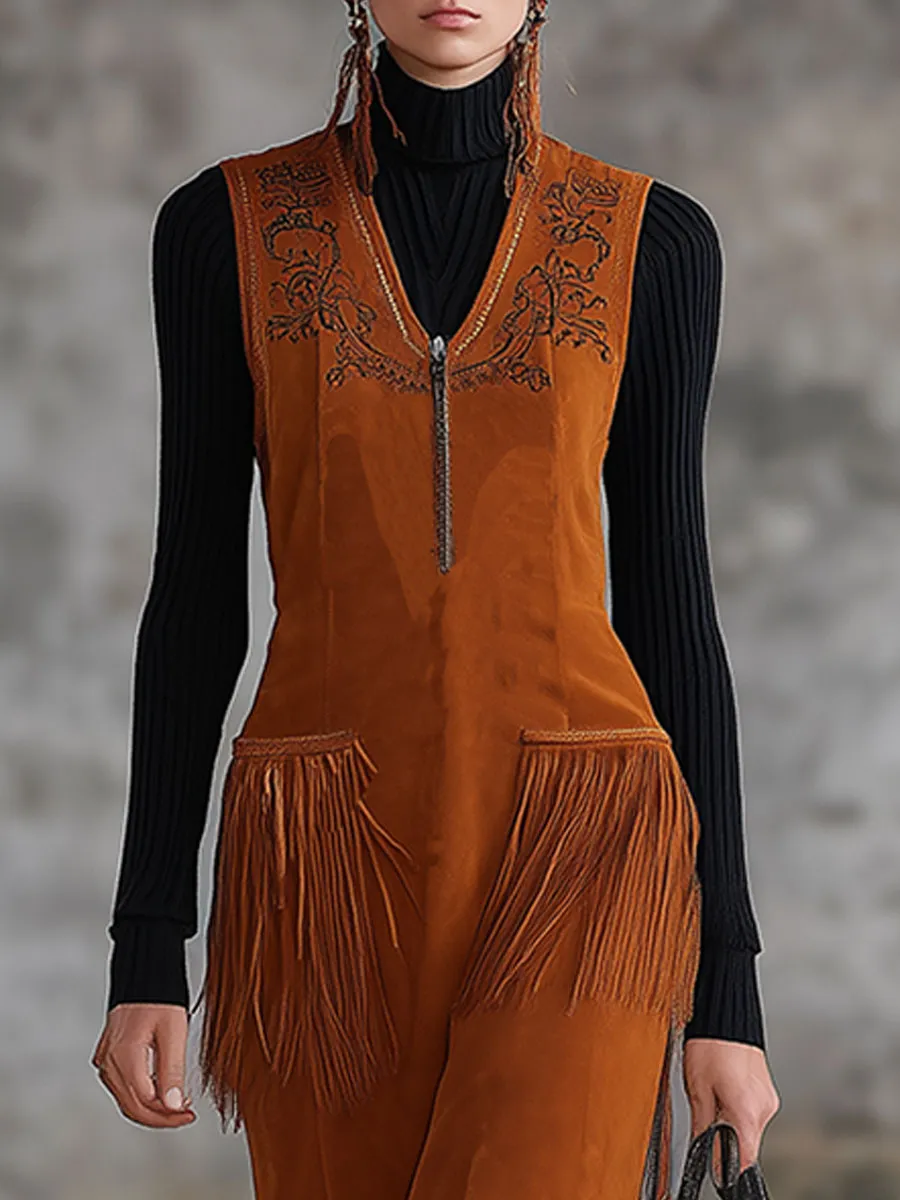 Western Retro Caramel Brown Faux Suede Sleeveless Vest Maxi Dress sold by Oyrosy product image thumbnail 3