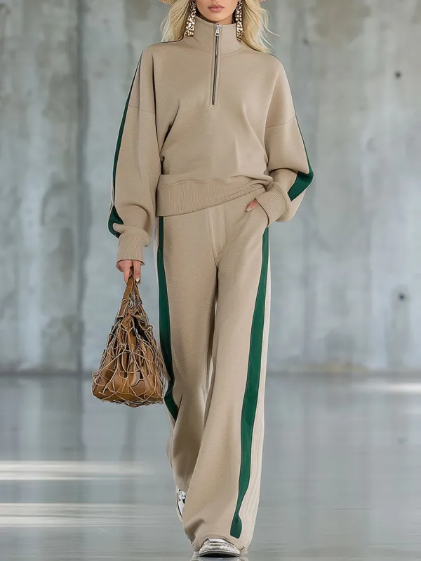 Casual Sports Green Patchwork Light Khaki Pants Set sold by Oyrosy