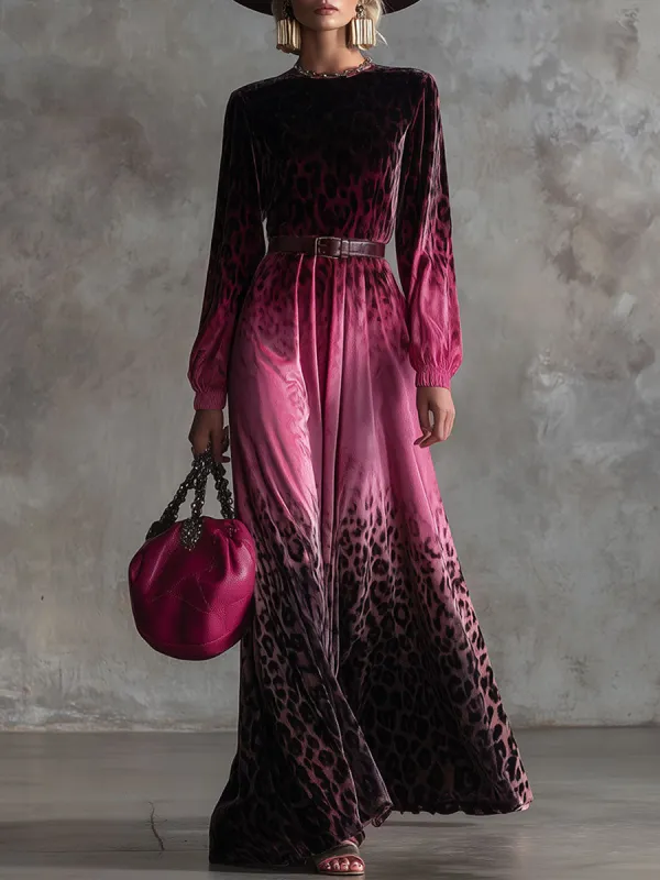 Elegant And Relaxed Black And Pink Gradient Leopard Print Velvet Maxi Dress sold by Oyrosy