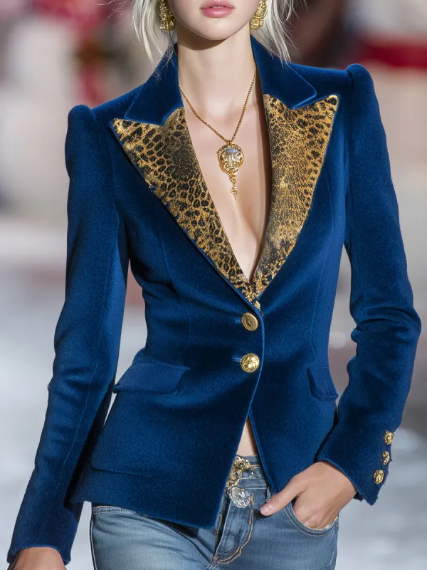 Stylish And Casual Leopard Print Lapel Dark Blue Velvet Blazer sold by Oyrosy