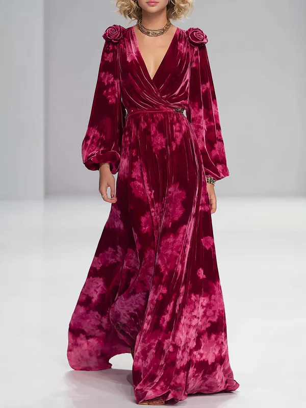 Casual Retro 3D Floral Embellished Red Printed Velvet Maxi Dress sold by Oyrosy