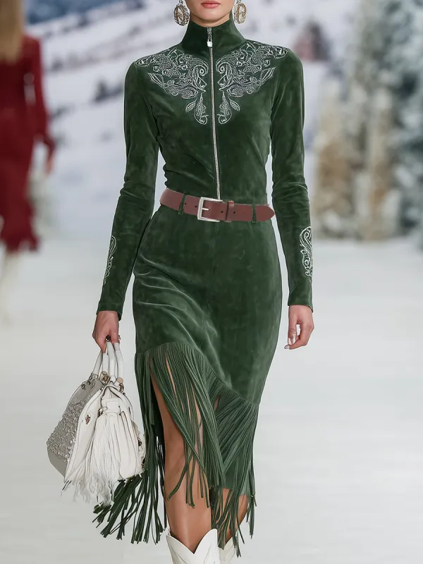 Retro High-neck Green Faux Suede Embroidered Tassel Midi Dress sold by Oyrosy