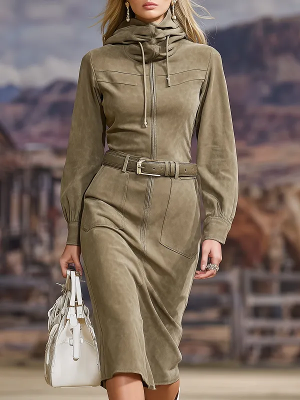 Retro Hooded Zip-up Khaki Faux Suede Midi Dress sold by Oyrosy