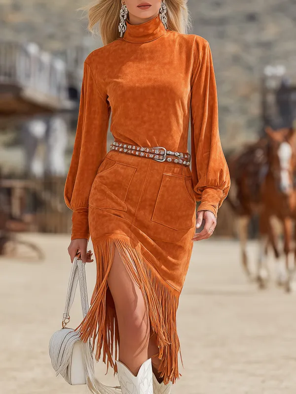 Retro High-neck Orange Faux Suede Tassel Midi Dress sold by Oyrosy