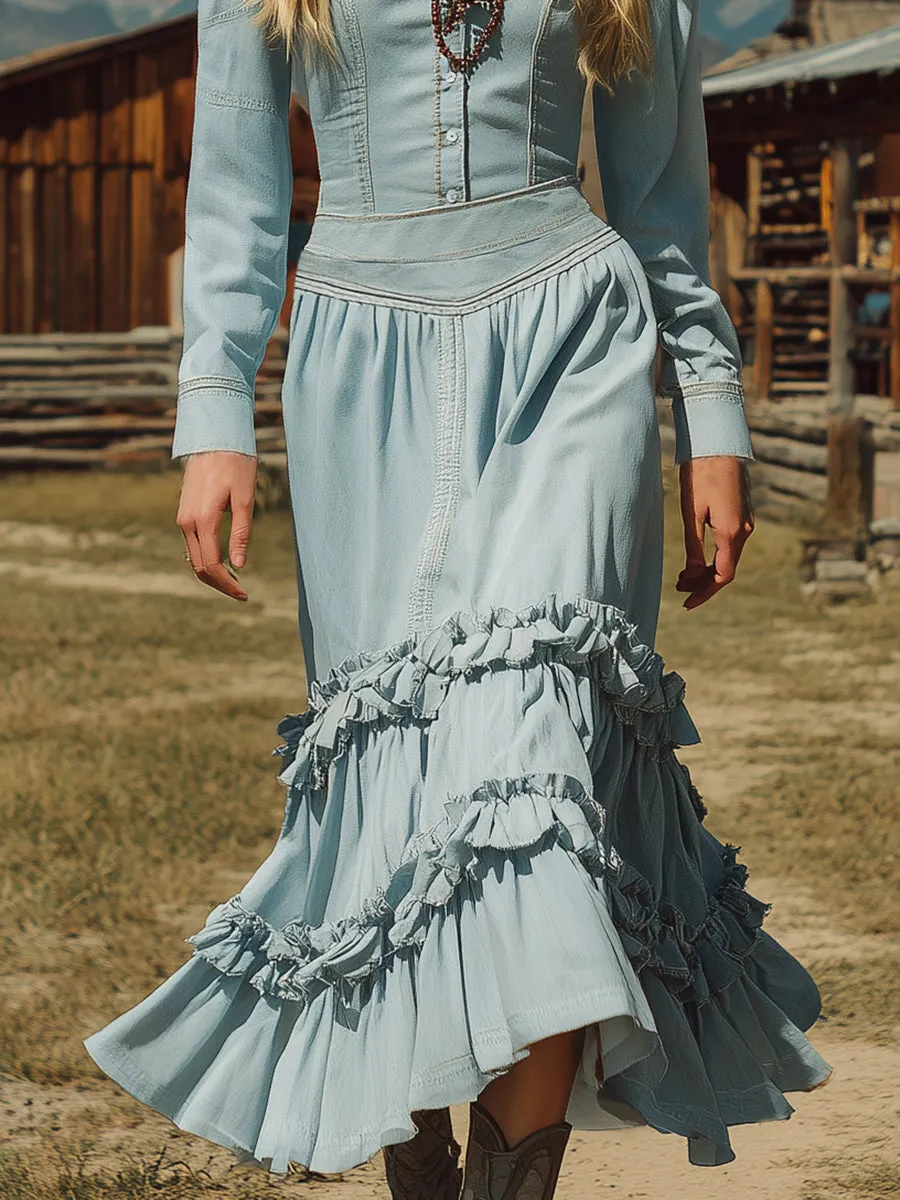 Retro-chic V-neck Light Blue Ruffled Maxi Dress sold by Oyrosy product image thumbnail 4