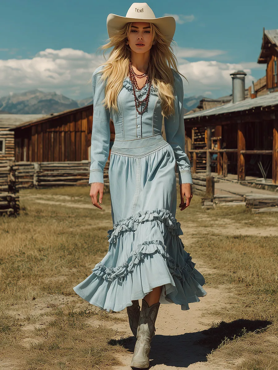 Retro-chic V-neck Light Blue Ruffled Maxi Dress sold by Oyrosy product image thumbnail 2