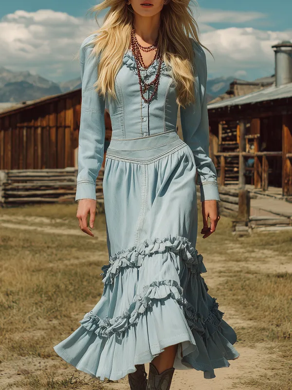 Retro-chic V-neck Light Blue Ruffled Maxi Dress sold by Oyrosy