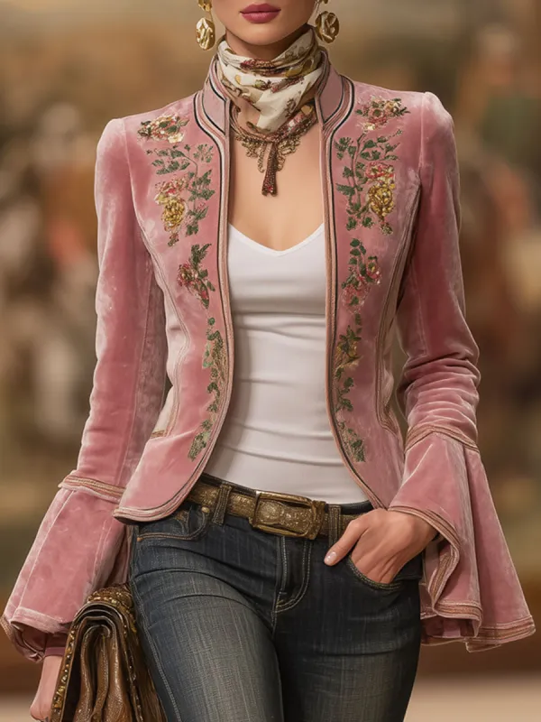 Stand-up Collar Floral Embroidered Flared Long-sleeved Velvet Jacket sold by Oyrosy