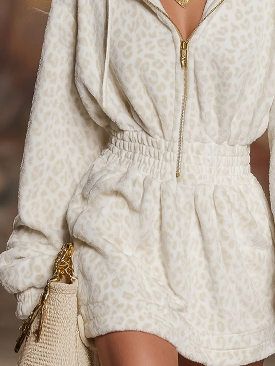 Warm Leopard Print Fleece Long-sleeved Mini Dress sold by Oyrosy product image thumbnail 3