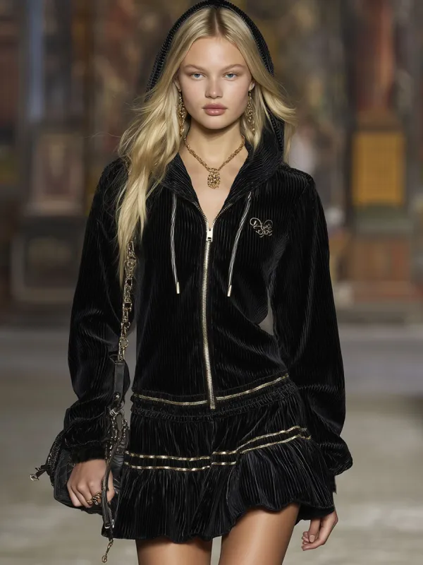 Glossy Ribbed Velvet Embroidered Ribbon Ruffle Hooded Long-sleeved Mini Dress sold by Oyrosy