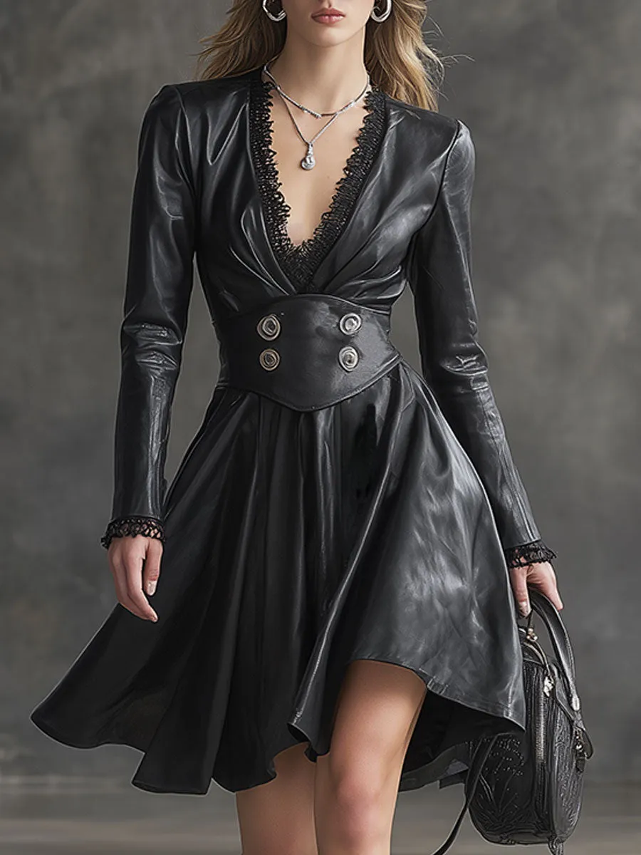 Retro Lace Black Faux Leather Fitted V-neck Midi Dress sold by Oyrosy