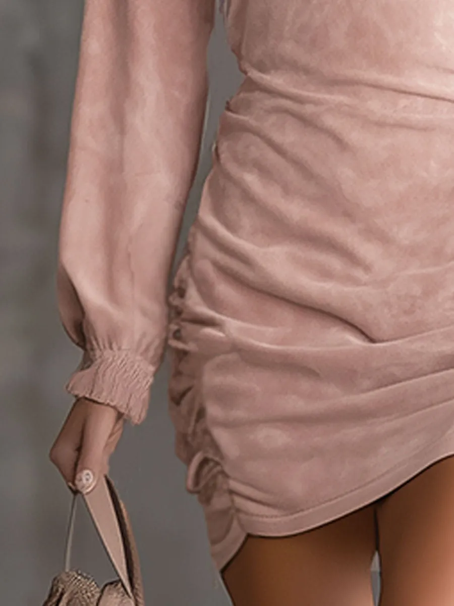 Fashionable Retro Pink Faux Suede High-neck Mini Dress sold by Oyrosy product image thumbnail 4