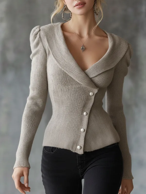 Elegant And Stylish Retro Gray Collared Button-down Knit Shirt sold by Oyrosy