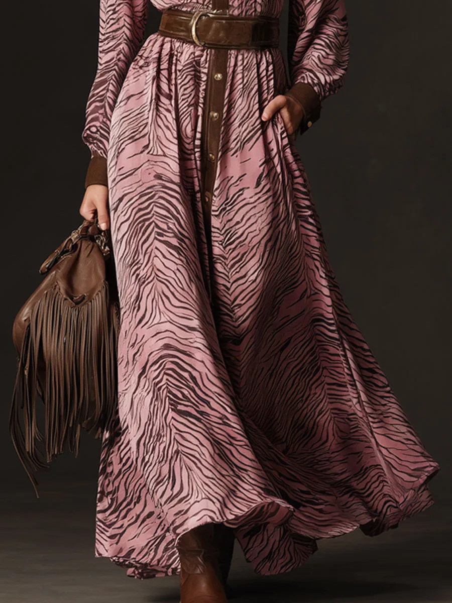 Western Retro Zebra Print Pink Faux Suede Long-Sleeved Maxi Dress sold by Oyrosy product image thumbnail 3