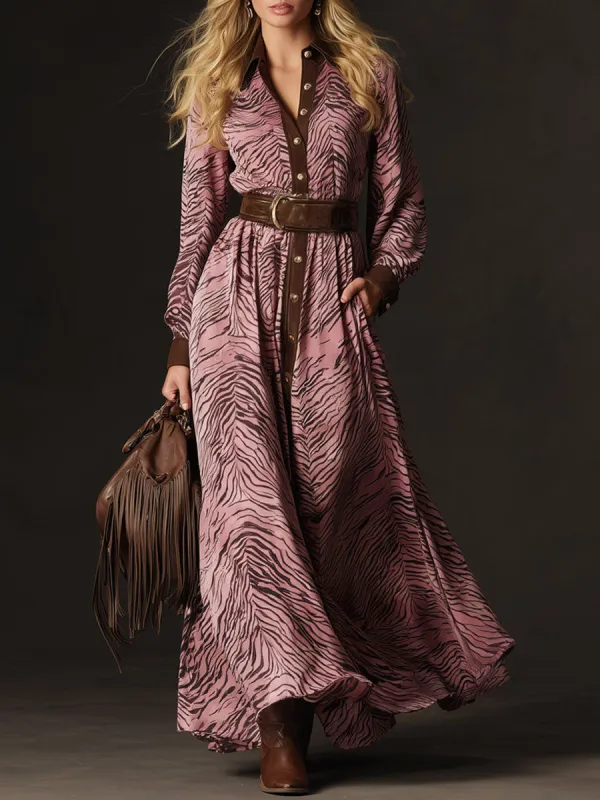 Western Retro Zebra Print Pink Faux Suede Long-Sleeved Maxi Dress sold by Oyrosy