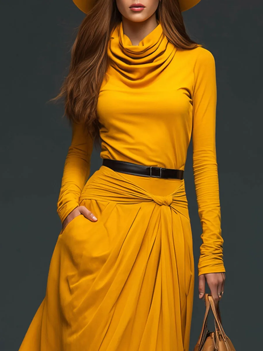 Fashionable Retro Yellow Cotton Pleated Long-sleeved Maxi Dress sold by Oyrosy product image thumbnail 3