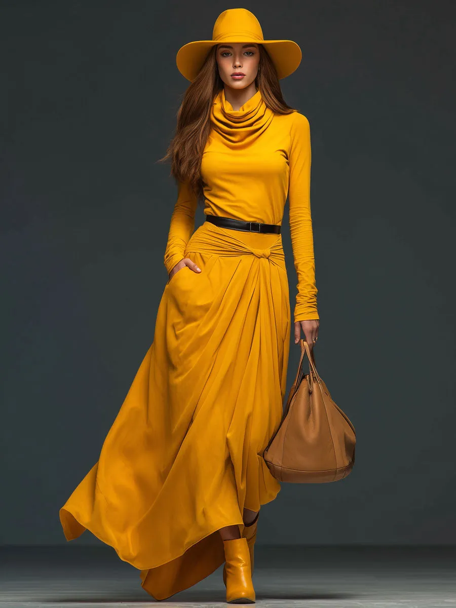 Fashionable Retro Yellow Cotton Pleated Long-sleeved Maxi Dress sold by Oyrosy product image thumbnail 2
