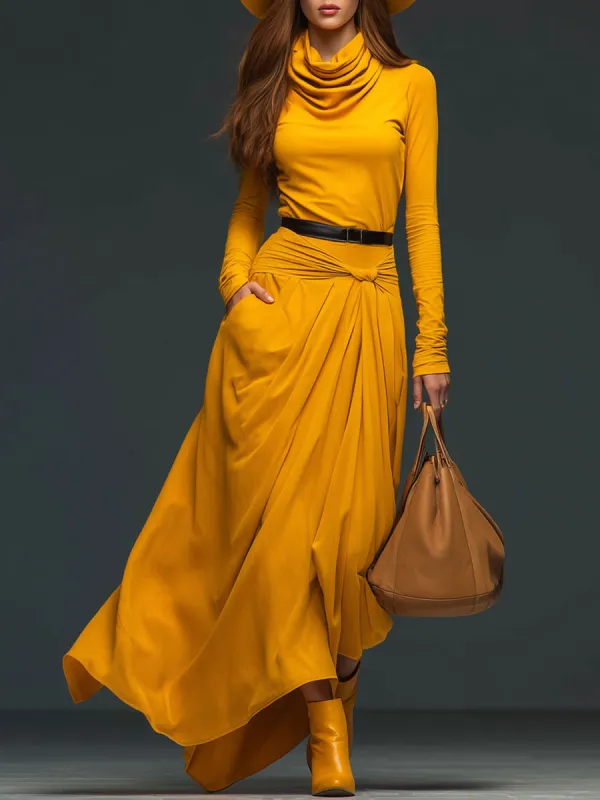 Fashionable Retro Yellow Cotton Pleated Long-sleeved Maxi Dress sold by Oyrosy