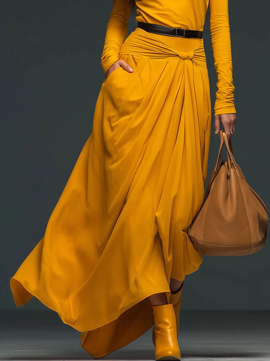 Fashionable Retro Yellow Cotton Pleated Long-sleeved Maxi Dress sold by Oyrosy product image thumbnail 4
