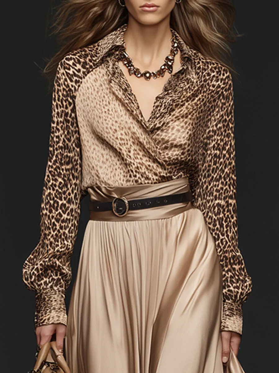 Elegant Retro Leopard Print Long-sleeved Shirt And Champagne Satin Skirt Set sold by Oyrosy product image thumbnail 3