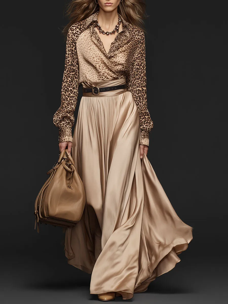 Elegant Retro Leopard Print Long-sleeved Shirt And Champagne Satin Skirt Set sold by Oyrosy