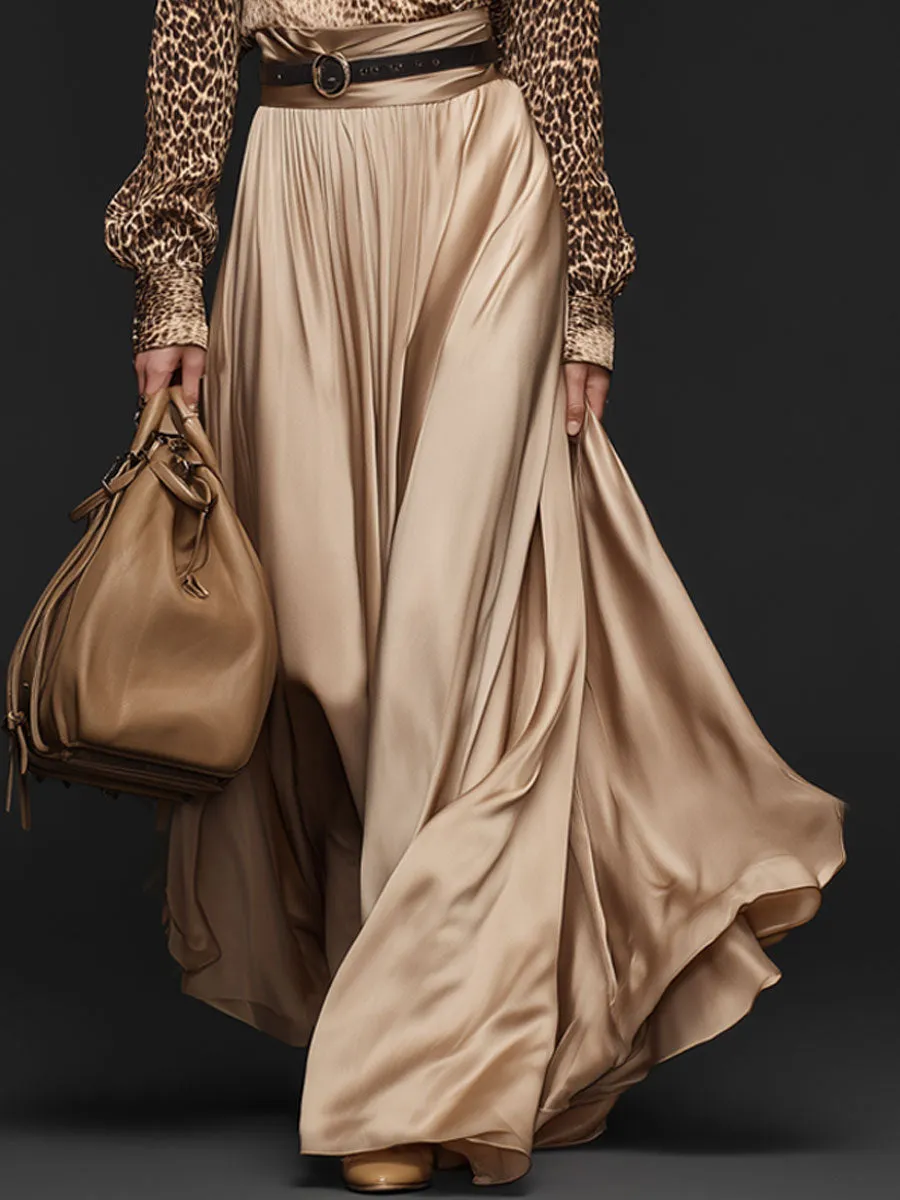Elegant Retro Leopard Print Long-sleeved Shirt And Champagne Satin Skirt Set sold by Oyrosy product image thumbnail 4