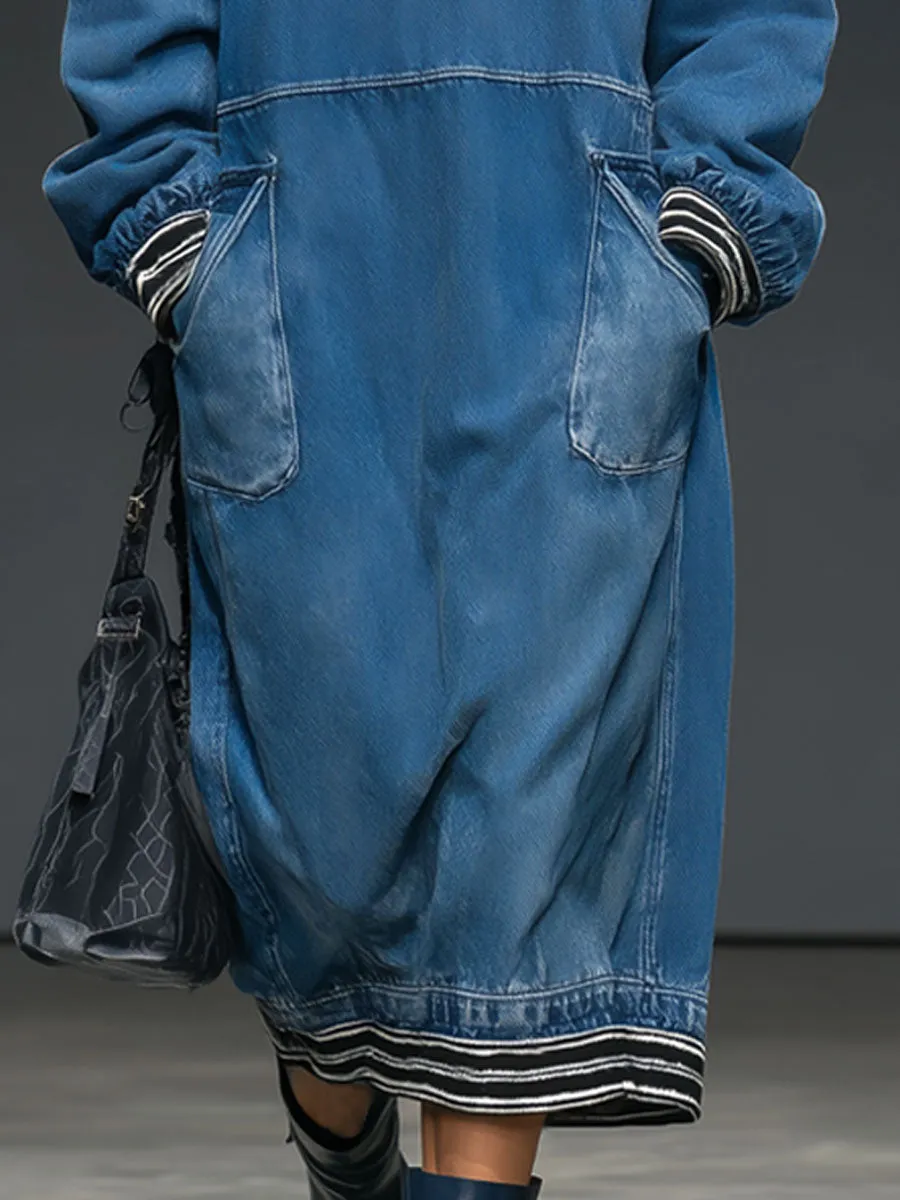 Casual Retro Half-zip Ribbed Blue Denim Long-sleeved Midi Dress sold by Oyrosy product image thumbnail 4