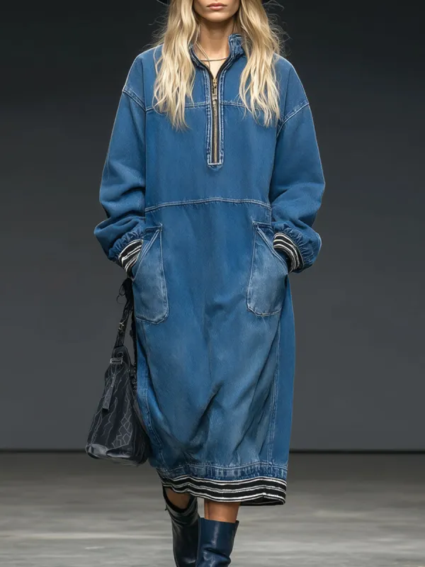 Casual Retro Half-zip Ribbed Blue Denim Long-sleeved Midi Dress sold by Oyrosy