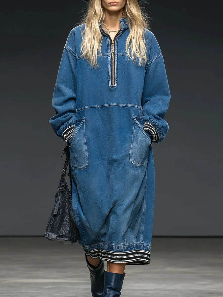 Casual Retro Half-zip Ribbed Blue Denim Long-sleeved Midi Dress sold by Oyrosy