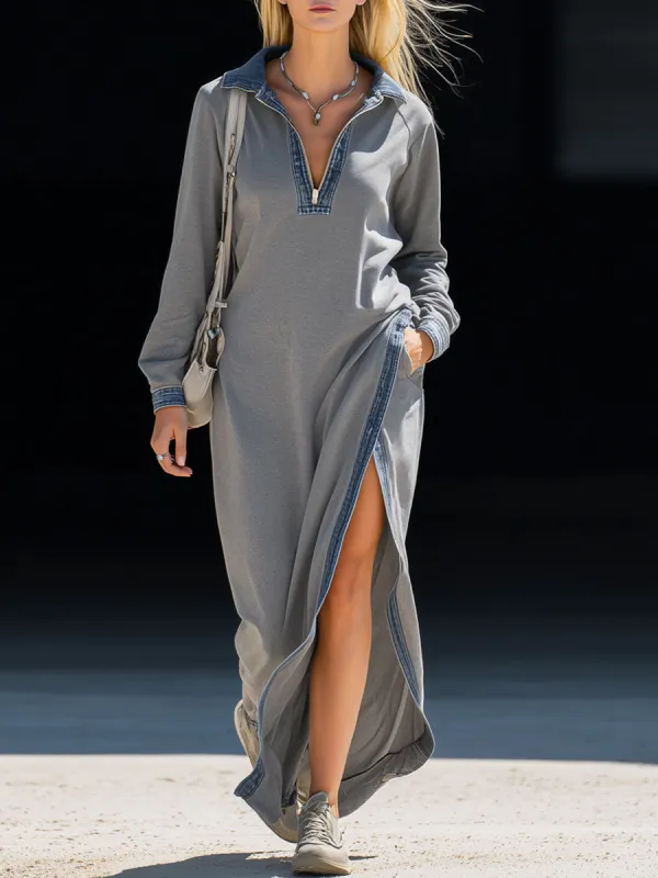 Casual Retro Blue Denim-trimmed Long-sleeved Grey Slit Sporty Maxi Dress sold by Oyrosy