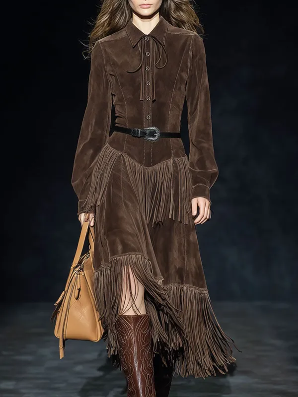 Western Retro Dark Brown Faux Suede Two-Layer Tassel Long-Sleeved Midi Dress sold by Oyrosy