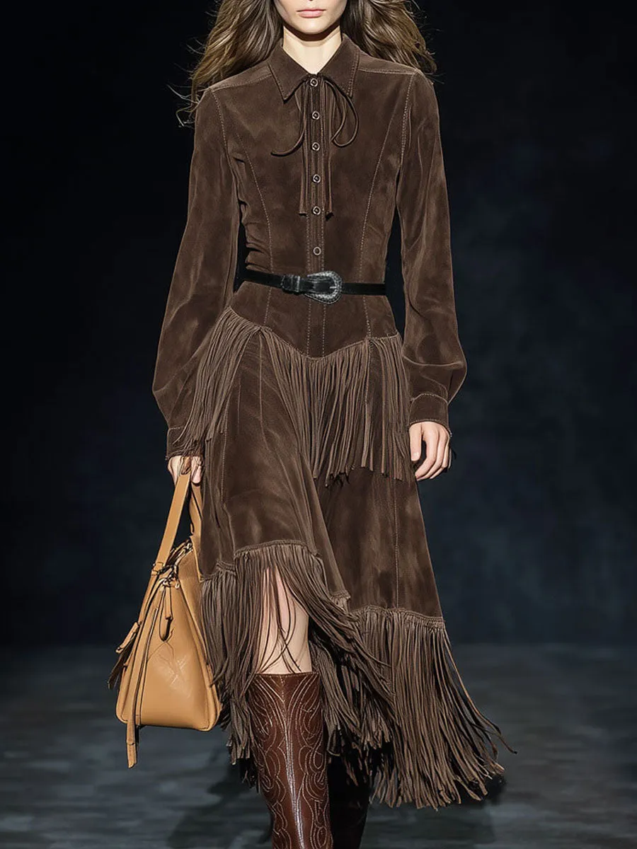 Western Retro Dark Brown Faux Suede Two-Layer Tassel Long-Sleeved Midi Dress sold by Oyrosy