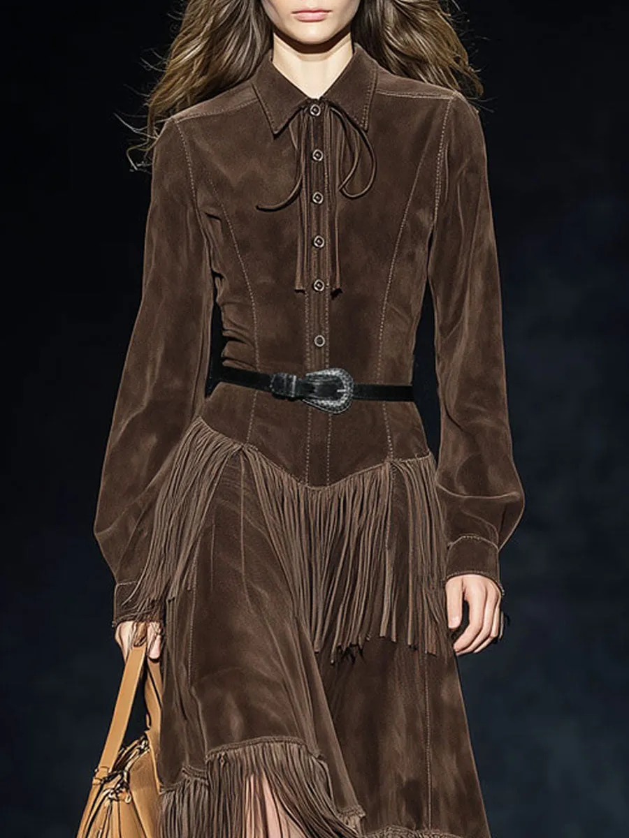 Western Retro Dark Brown Faux Suede Two-Layer Tassel Long-Sleeved Midi Dress sold by Oyrosy product image thumbnail 3