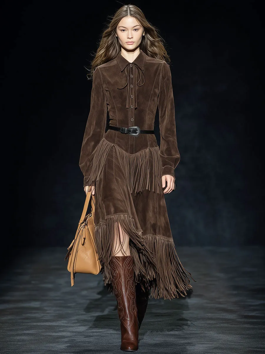 Western Retro Dark Brown Faux Suede Two-Layer Tassel Long-Sleeved Midi Dress sold by Oyrosy product image thumbnail 2