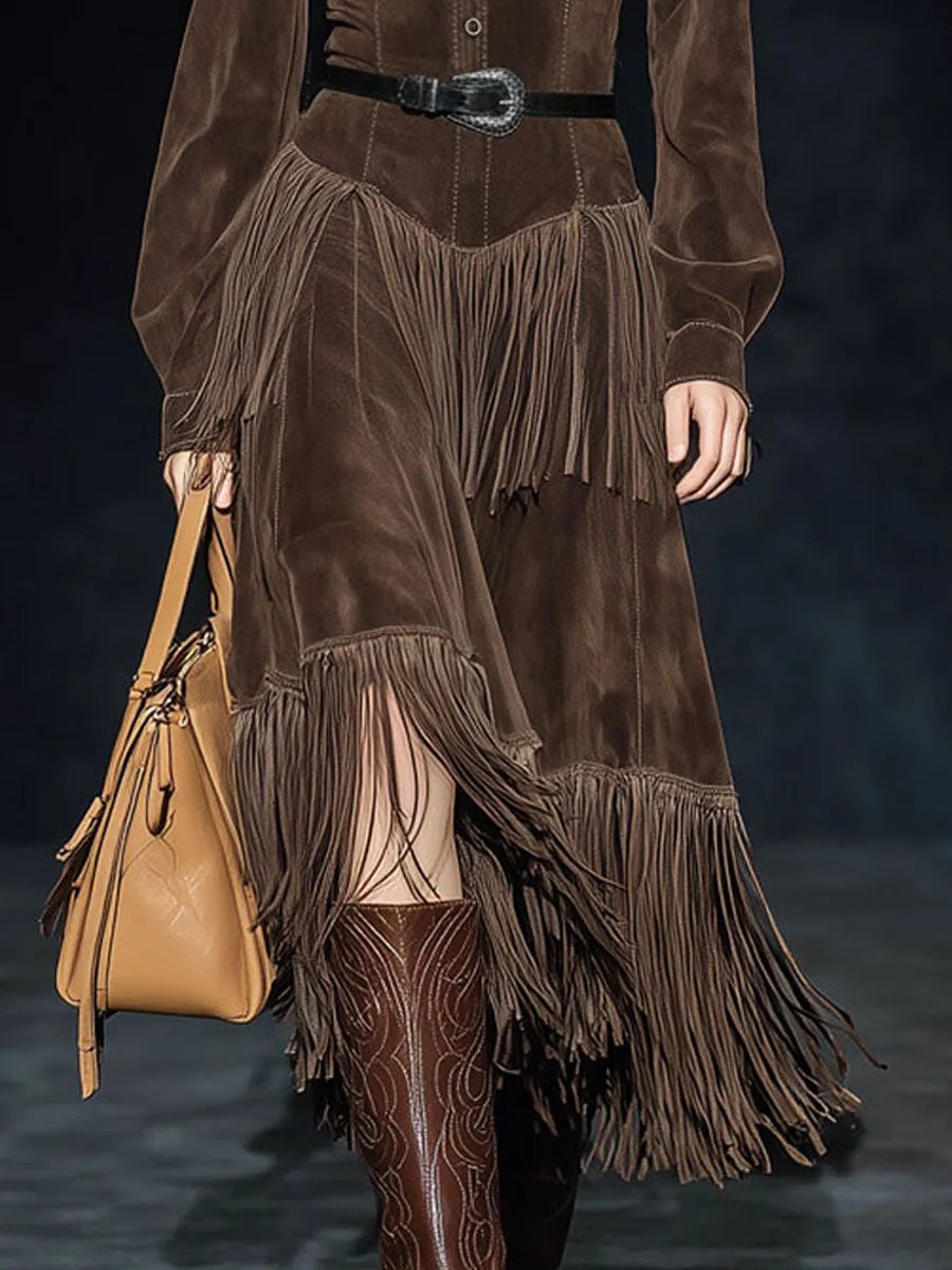 Western Retro Dark Brown Faux Suede Two-Layer Tassel Long-Sleeved Midi Dress sold by Oyrosy product image thumbnail 4